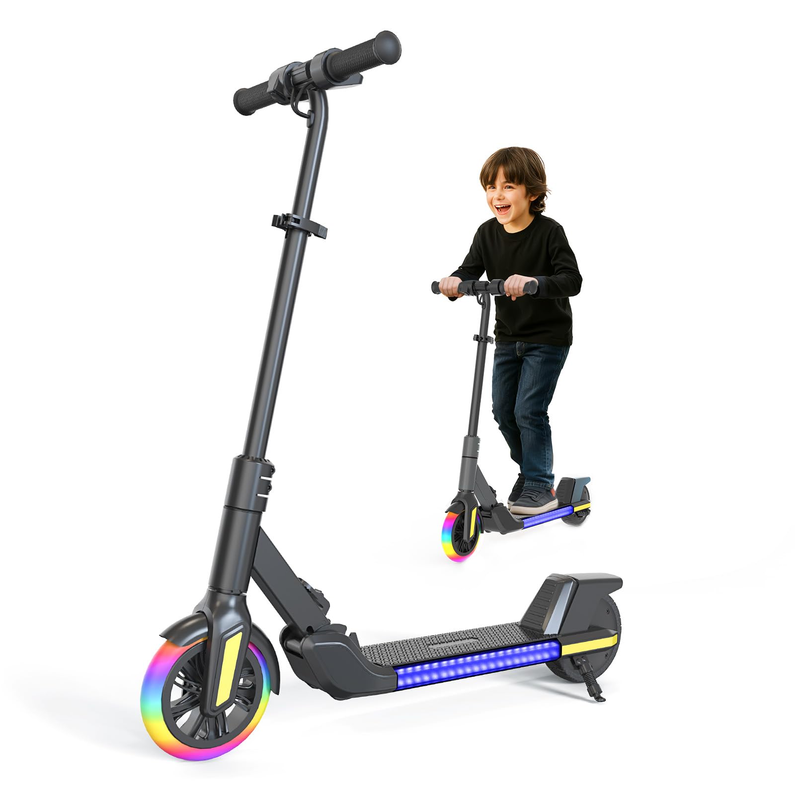 Patinete eléctrico para niños de 8 a 12 años, Motor de 200 W, 16 km/h, Velocidad y Altura Regulables, Luces de Colores, Pantalla LED, Patinete eléctrico Infantil Plegable