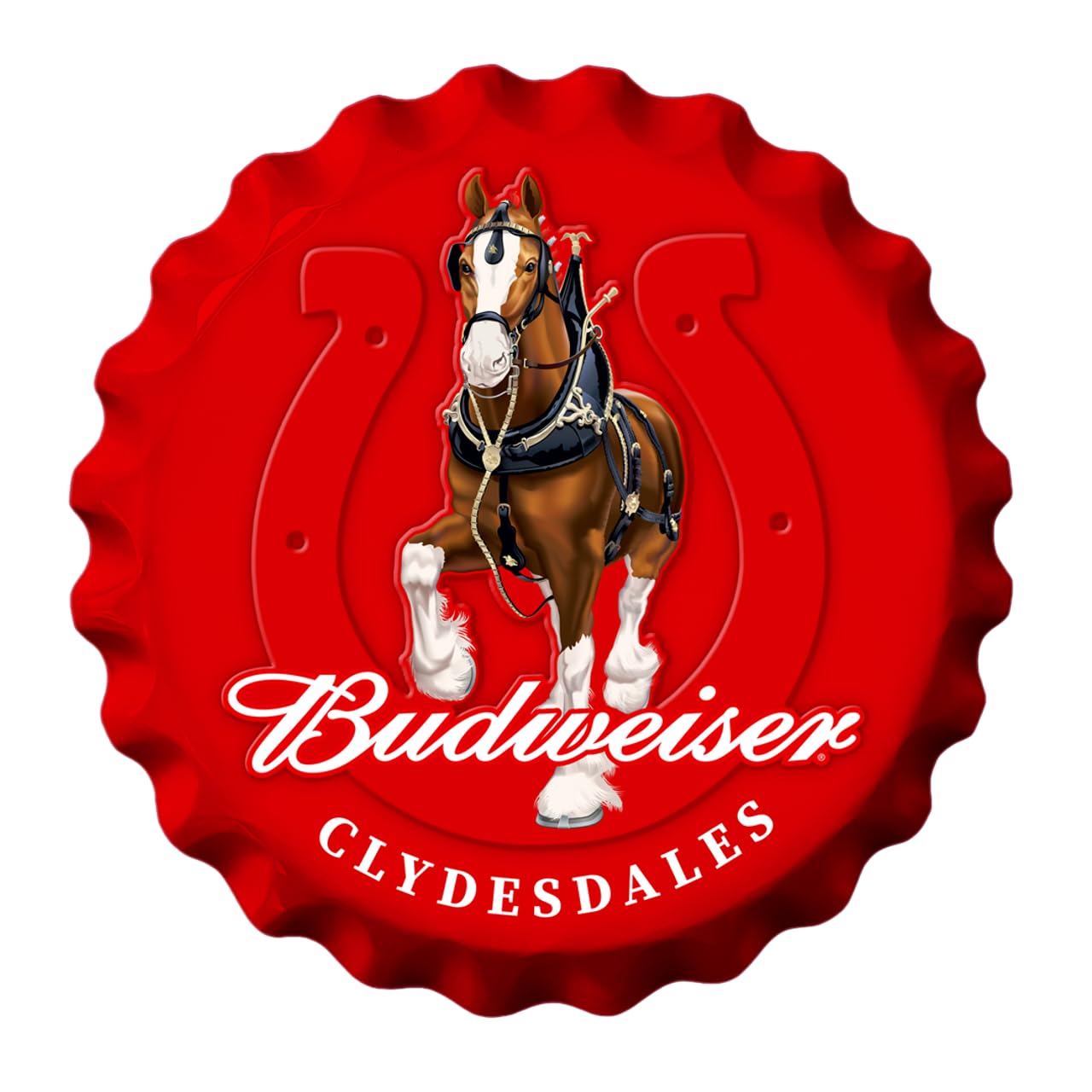 Desperate Enterprises Bud Clydesdale Bottle Cap Sign - Garage Signs - Beer Signs - Vintage Metal Signs - Budweiser Bottle Cap Sign - Made in the USA - 18" Round