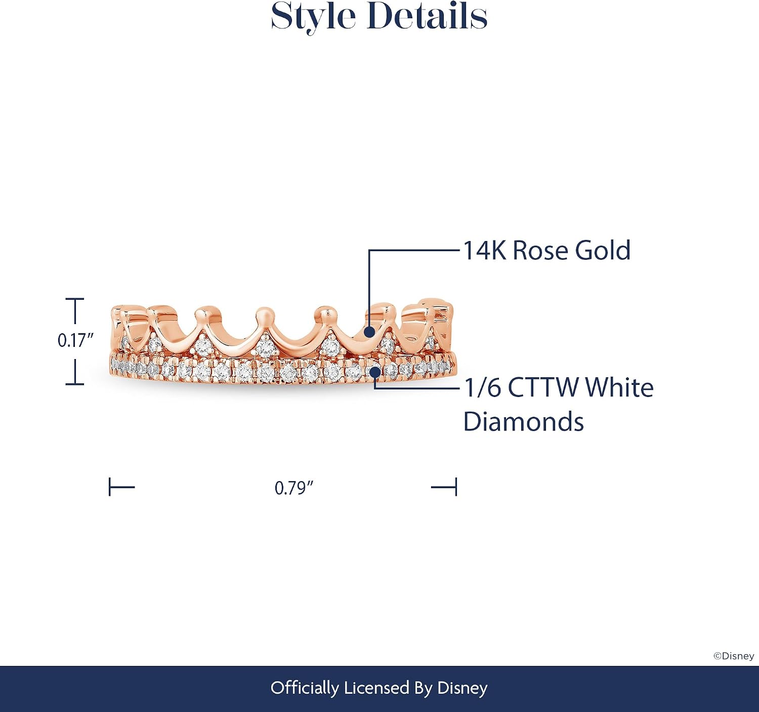 Jewelili Enchanted Disney Fine Jewelry 14K Rose Gold With 1/6 Cttw Diamond Majestic Princess Anniversary Ring.