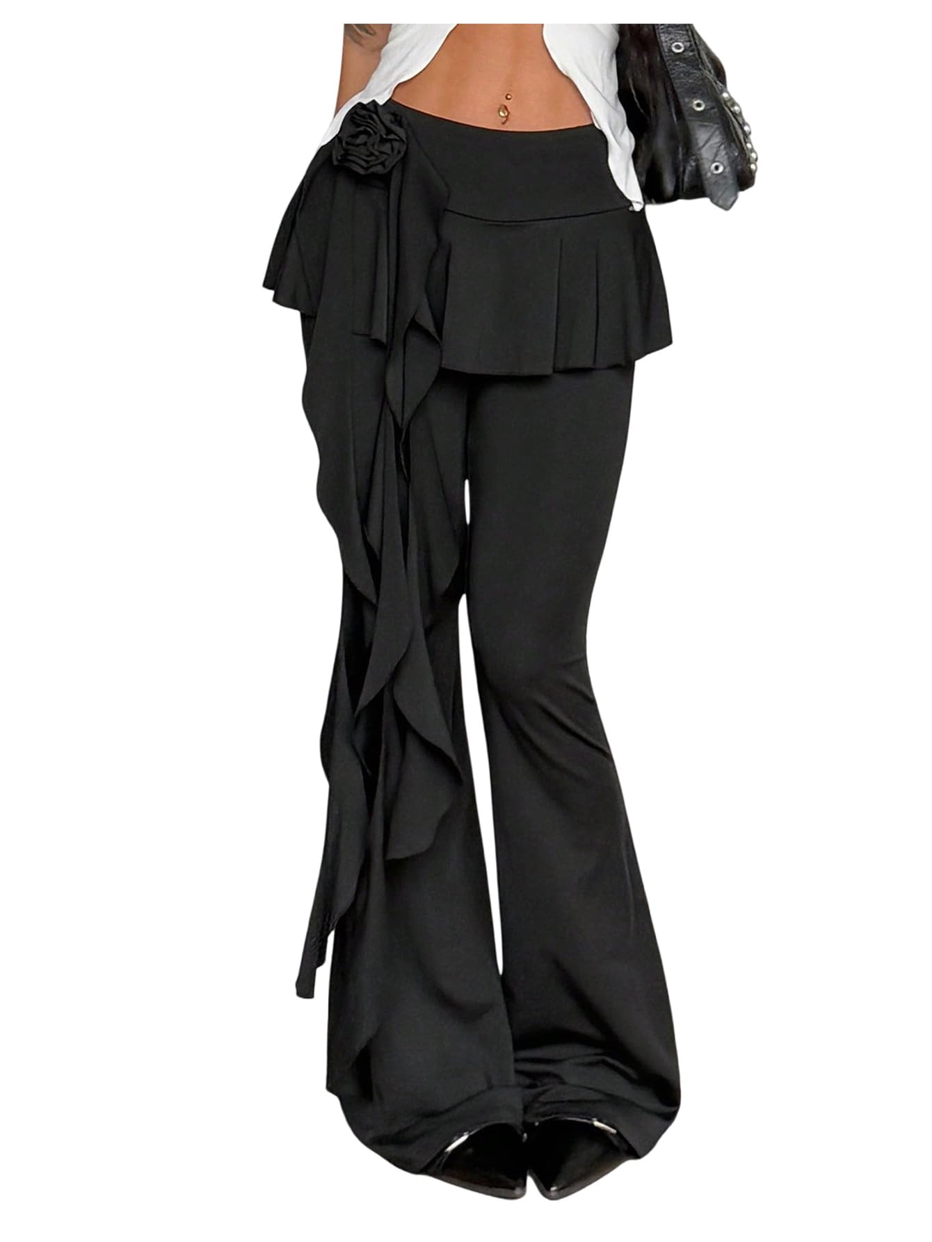 Verdusa Womens Ruffle Bell Bottom Pants Y2k Flare Pants with Strap