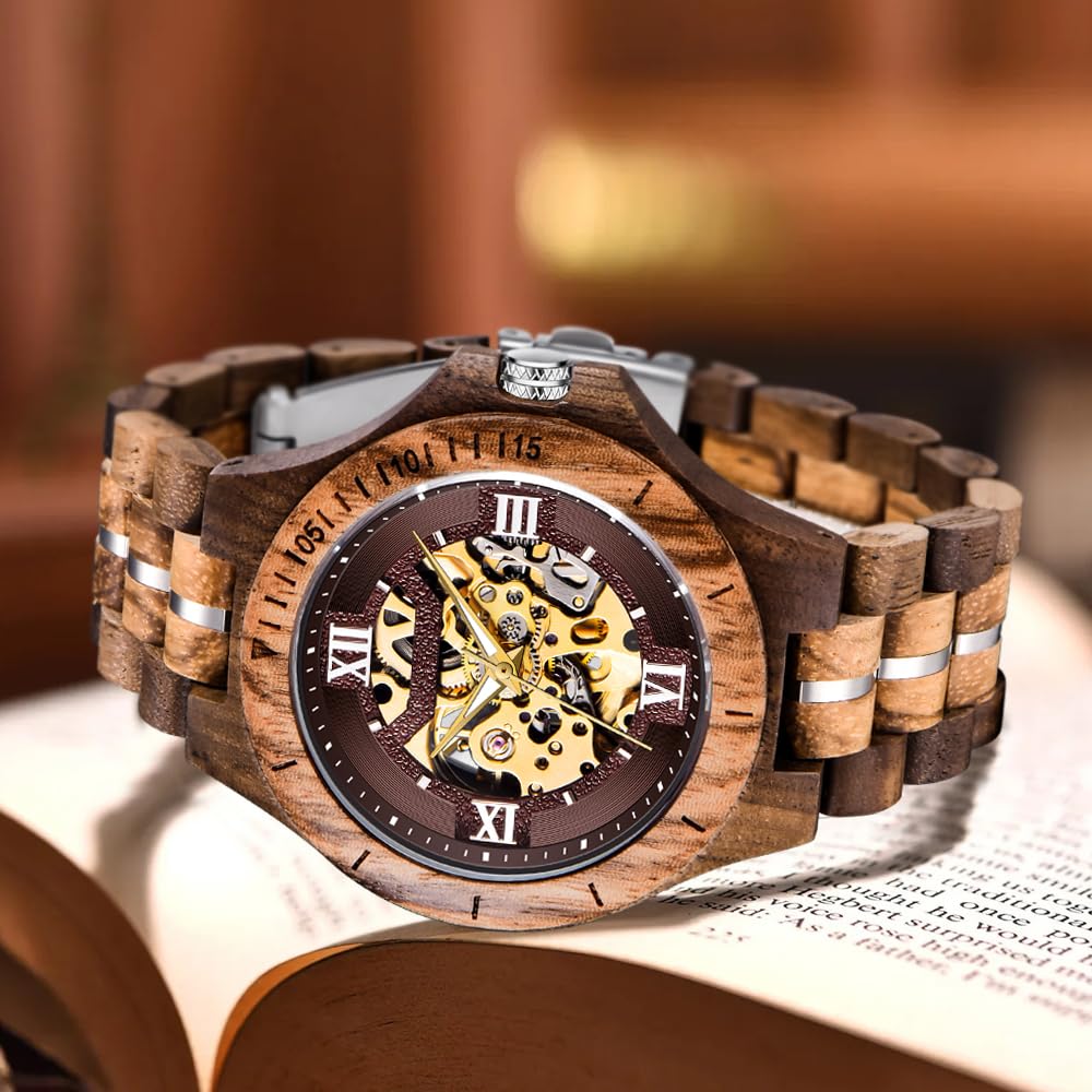 Tiong Herren Holzuhr Mechanische Skelett Automatisches Uhrwerk Holzuhren | Retro Leichte Herrenuhr mit Holz Geschenkbox, Klassische Holzuhr als Geschenk für Männer
