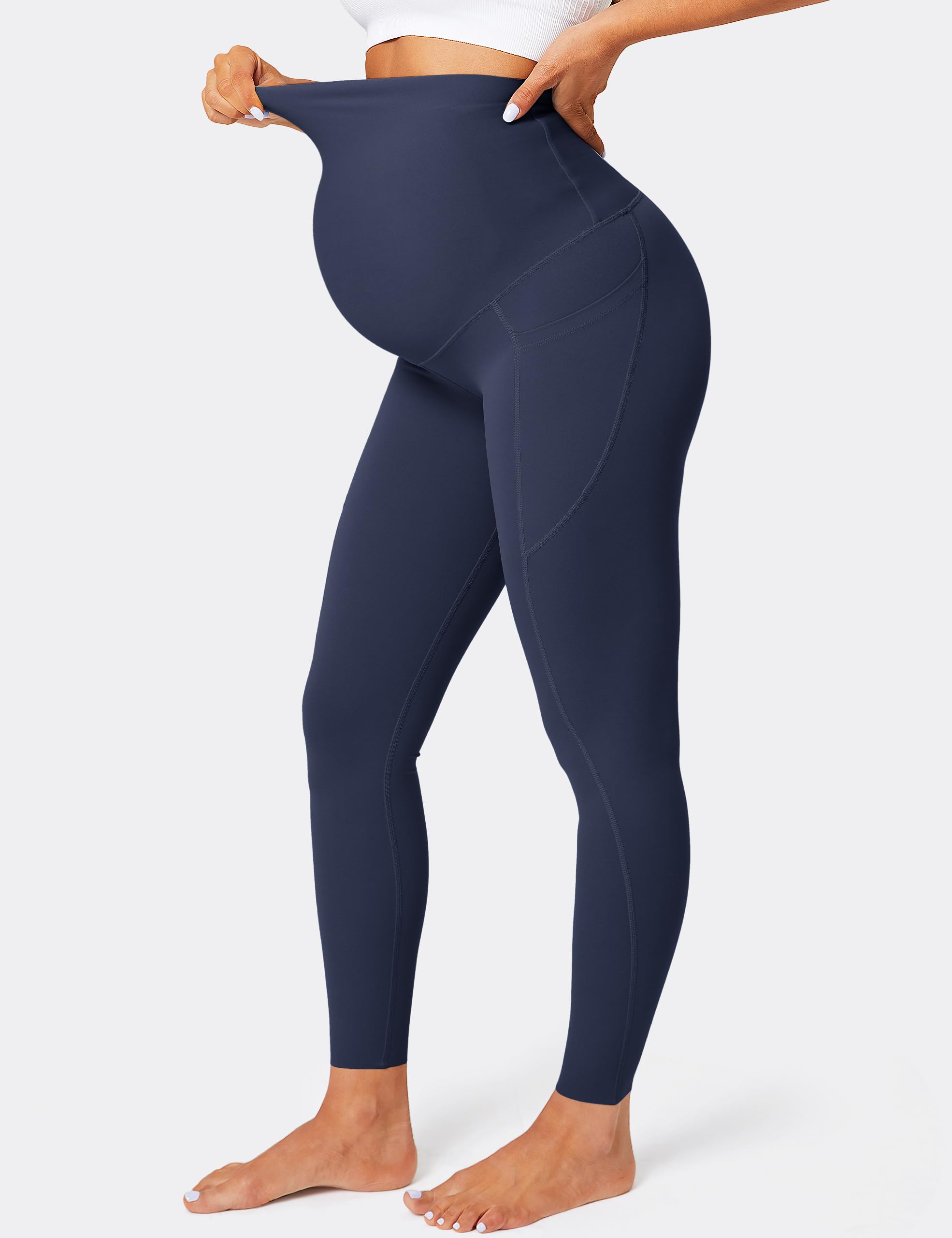 BAYDI Leggings de maternidad para mujer con bolsillos, opacos, largos, de cintura alta, pantalones de maternidad, suaves, elásticos, pantalones de embarazo