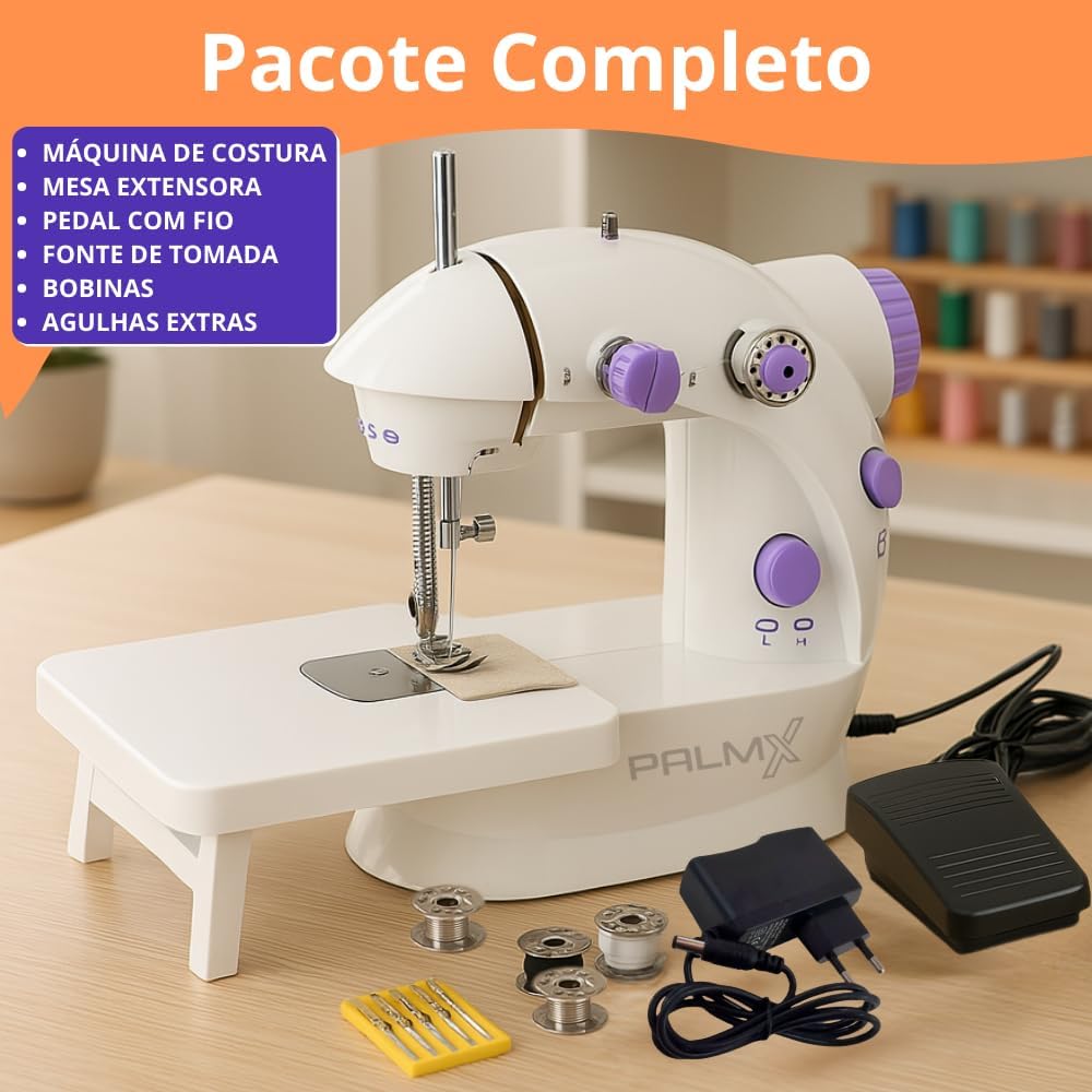 Mini Máquina de Costura Reta Portátil Bivolt Compacta com Mesa Extensora 110V/220V - 2 Velocidades com Pedal, Fonte e Manual