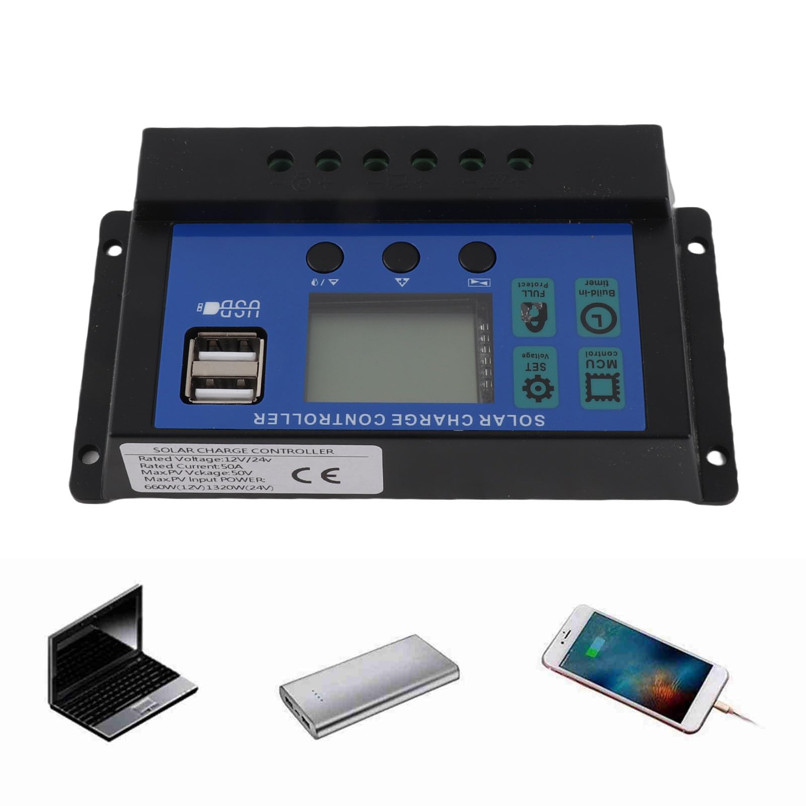 Kontroler ładowania słonecznego, 60A/50A/40A/30A/20A/10A 12V 24V, automatyczny regulator ładowania słonecznego, sterownik PWM, 50 A