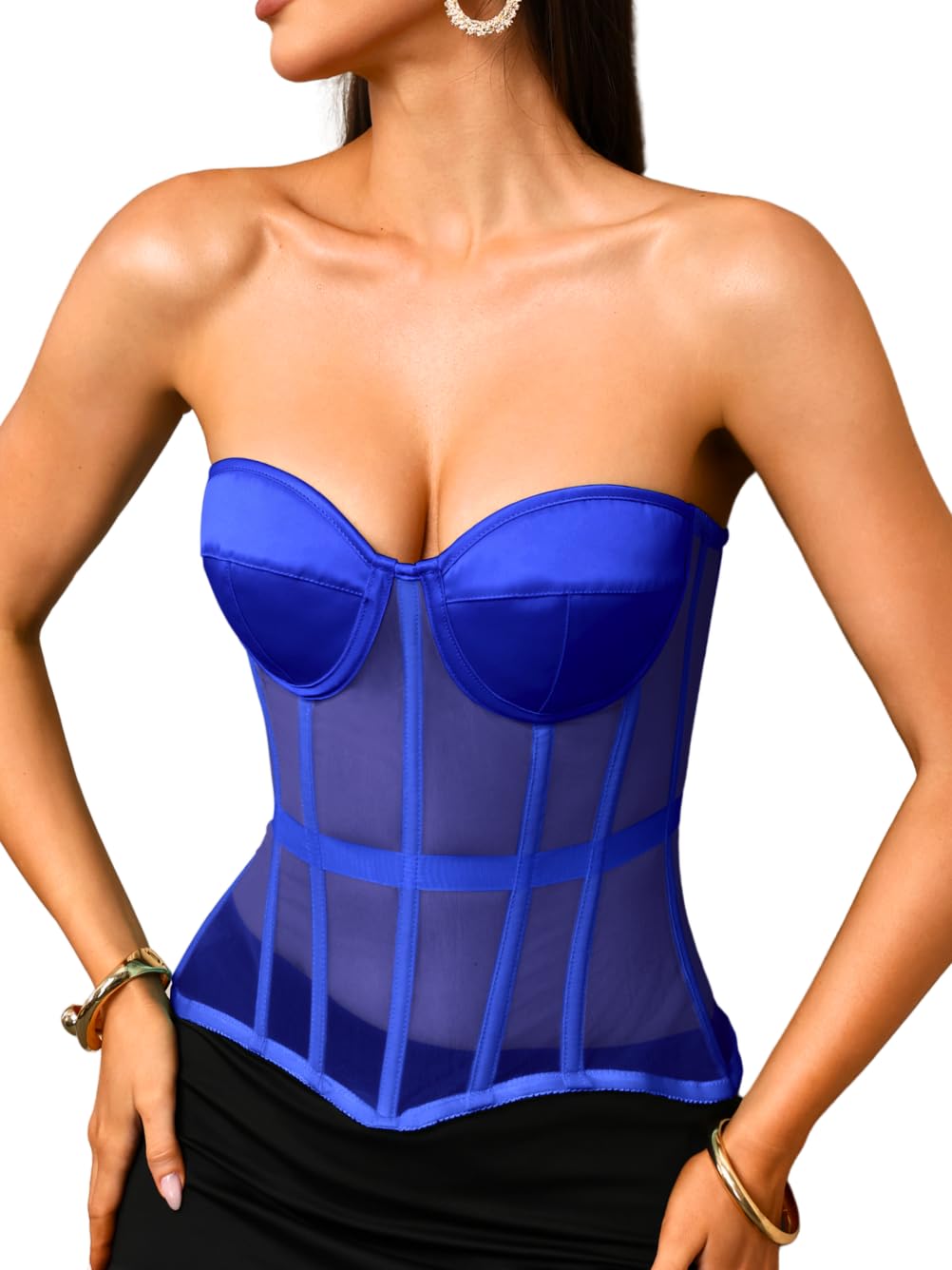 Kaei&amp;Shi Women's Strapless Mesh Corset Top, Padded Lace-Up Bustier