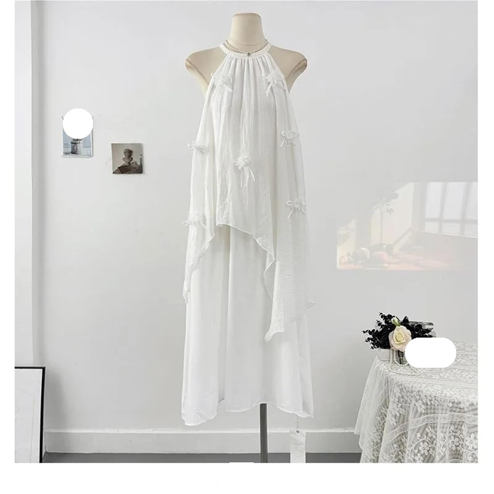 Verano suave moda versátil dulce vacaciones fresco Color puro cuello colgante vestido de tirantes atmósfera elegante viento