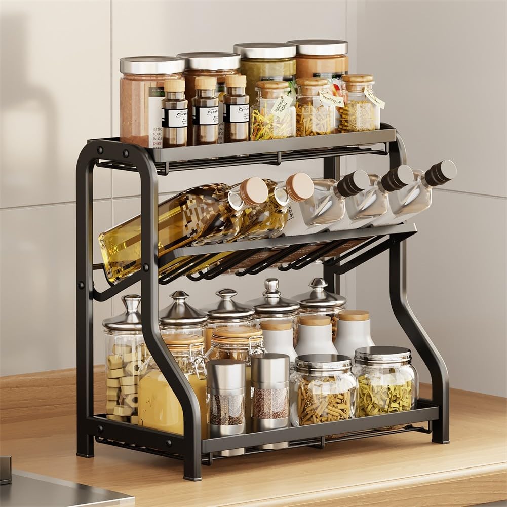 Organizador de cocina de 3 niveles, estante inclinado para condimentos, solución de almacenamiento que ahorra espacio, construcción de acero, soporte de encimera para una organización eficiente