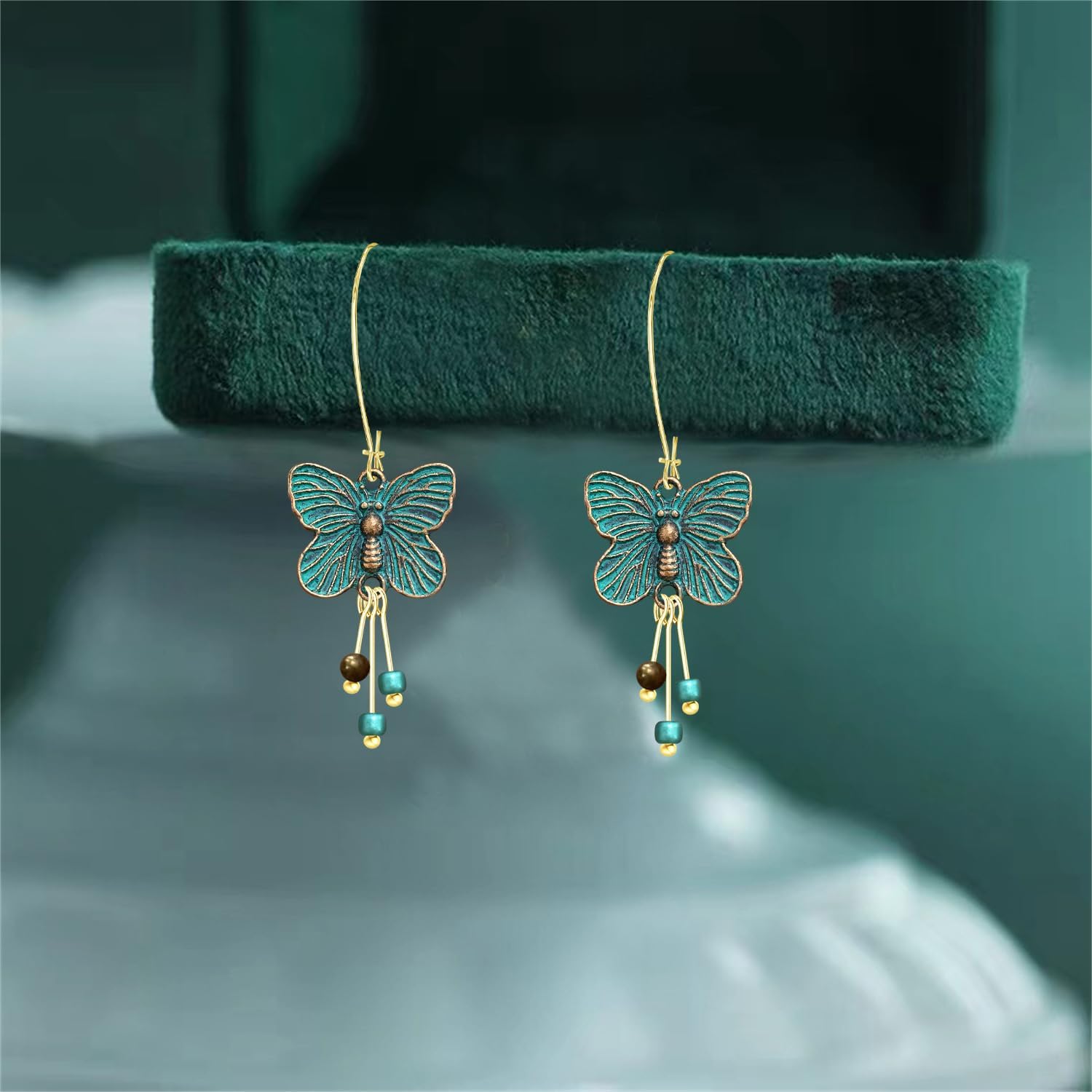 Bohemian Vintage Copper Green Butterfly Beaded Dangle Drop Leverback Earrings for Women - Image 6