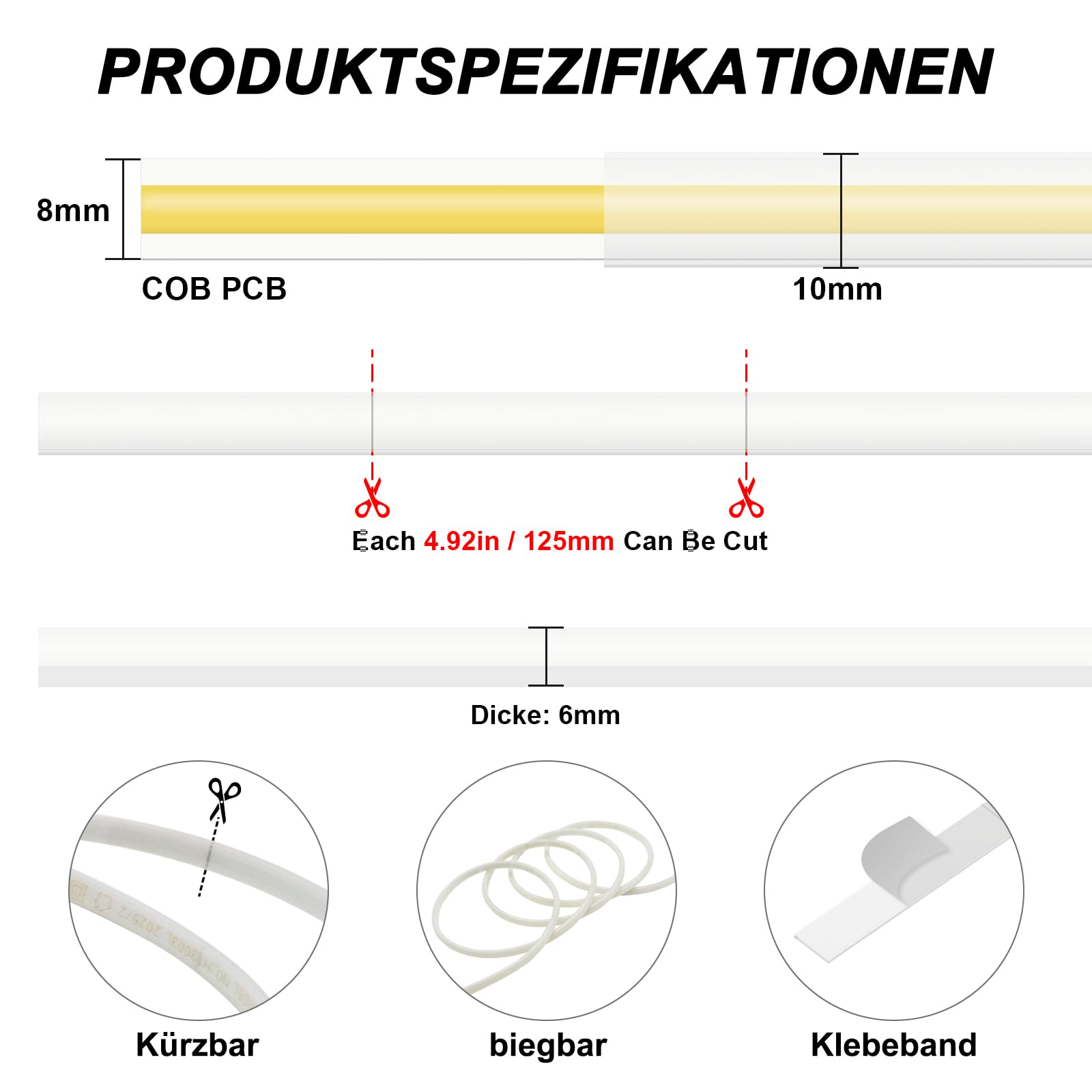Striscia LED COB da 220 V, 3000 K, luce bianca calda, 10 m, IP67, impermeabile, 296 LED/m, senza driver, direttamente a 230 V, con spina europea, per interni ed esterni, dimmerabile, CRI>90