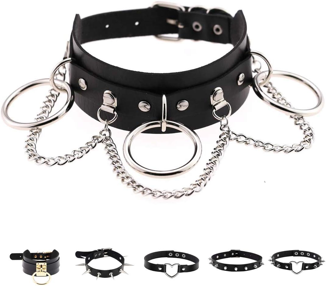 Women Girls PU Leather Punk Rock O-Ring Spike Rivets Collar Choker Necklace Jewelry