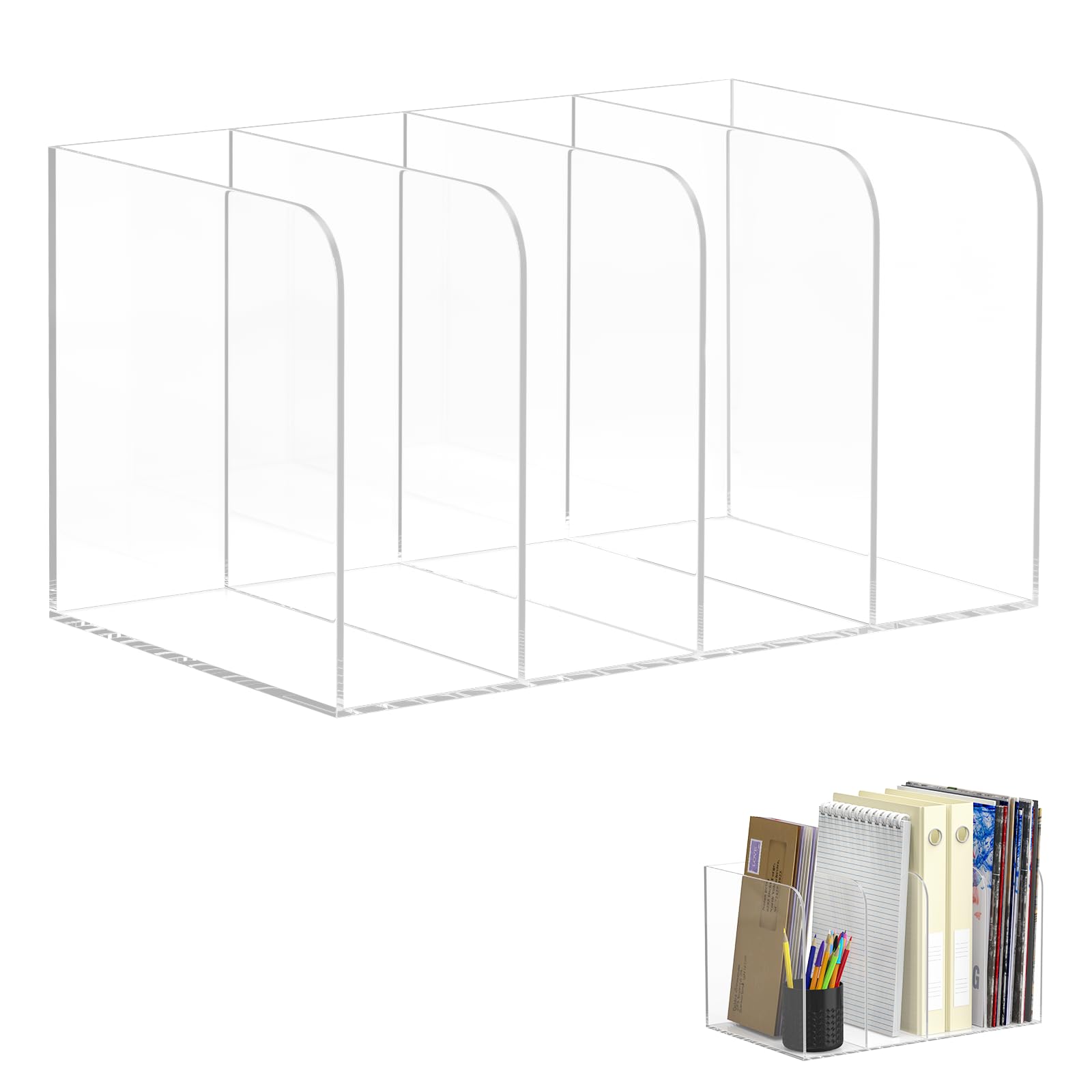 Ultifore Acrylic Desk Organizer 4-Sections, Clear Laddered File Holder for Home Office, Desktop Letter Rack for Letters, Magazines, Documents, Modern Transparent Storage Solution