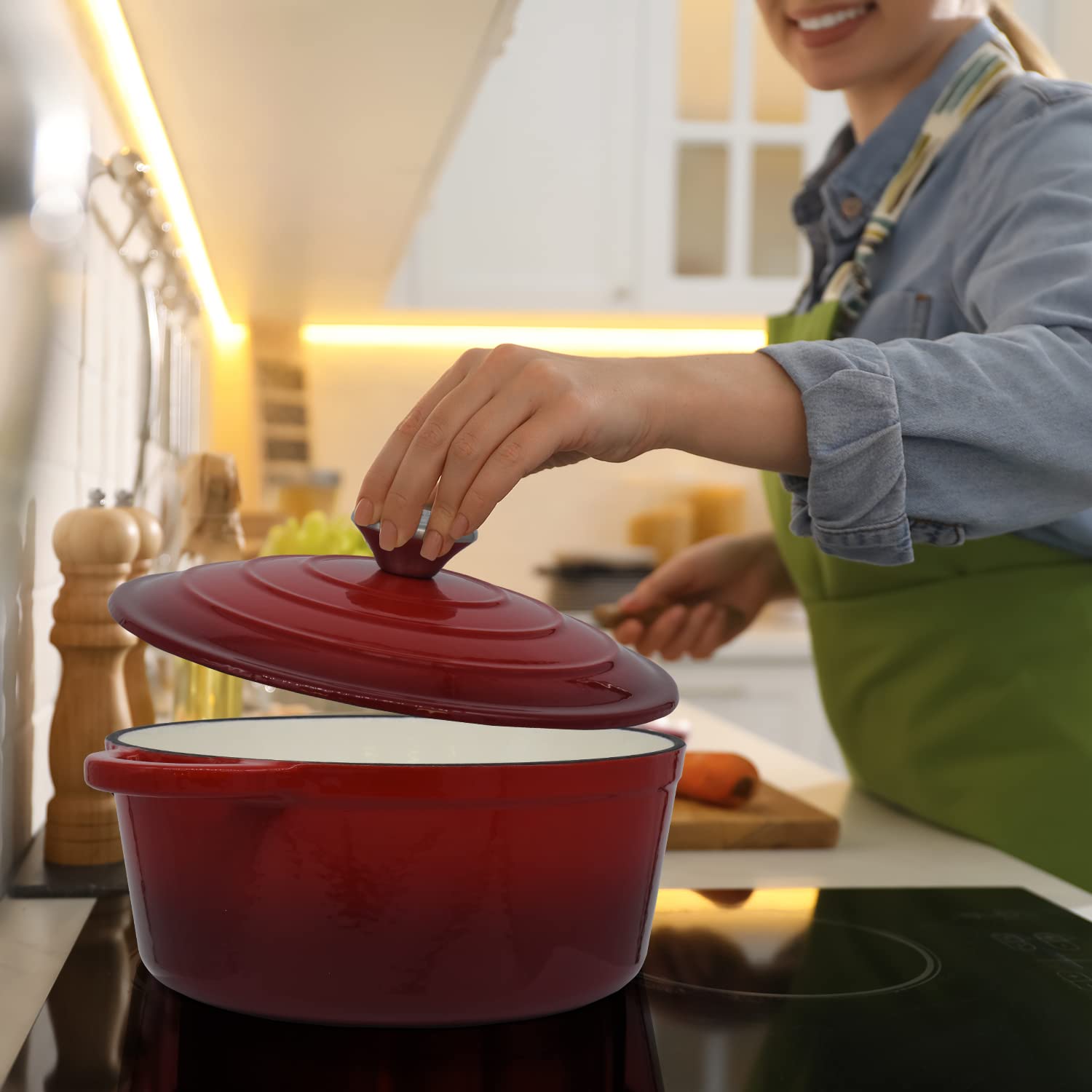 Joeji's Kitchen Żeliwne naczynie żaroodporne z pokrywką do piekarnika i płyty kuchennej, emaliowany garnek z powłoką nieprzywierającą do kuchenki i piekarnika, 28 cm