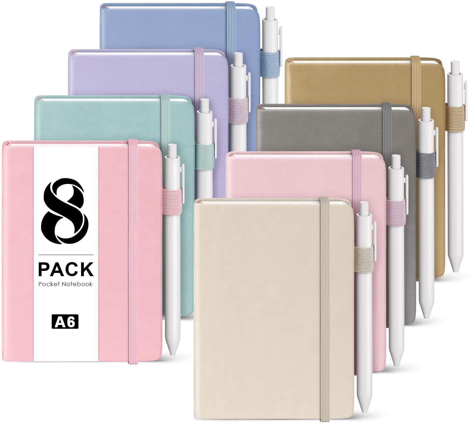 Kleine Taschen-Notizbücher, 8er-Pack (8 Pastellfarben) Mini-Notizbuch 9,4x14,5 cm Journal-Notizbücher für Frauen und Männer, A6 Hardcover linierte Notizblöcke mit Stiften für Arbeit, Geschäft