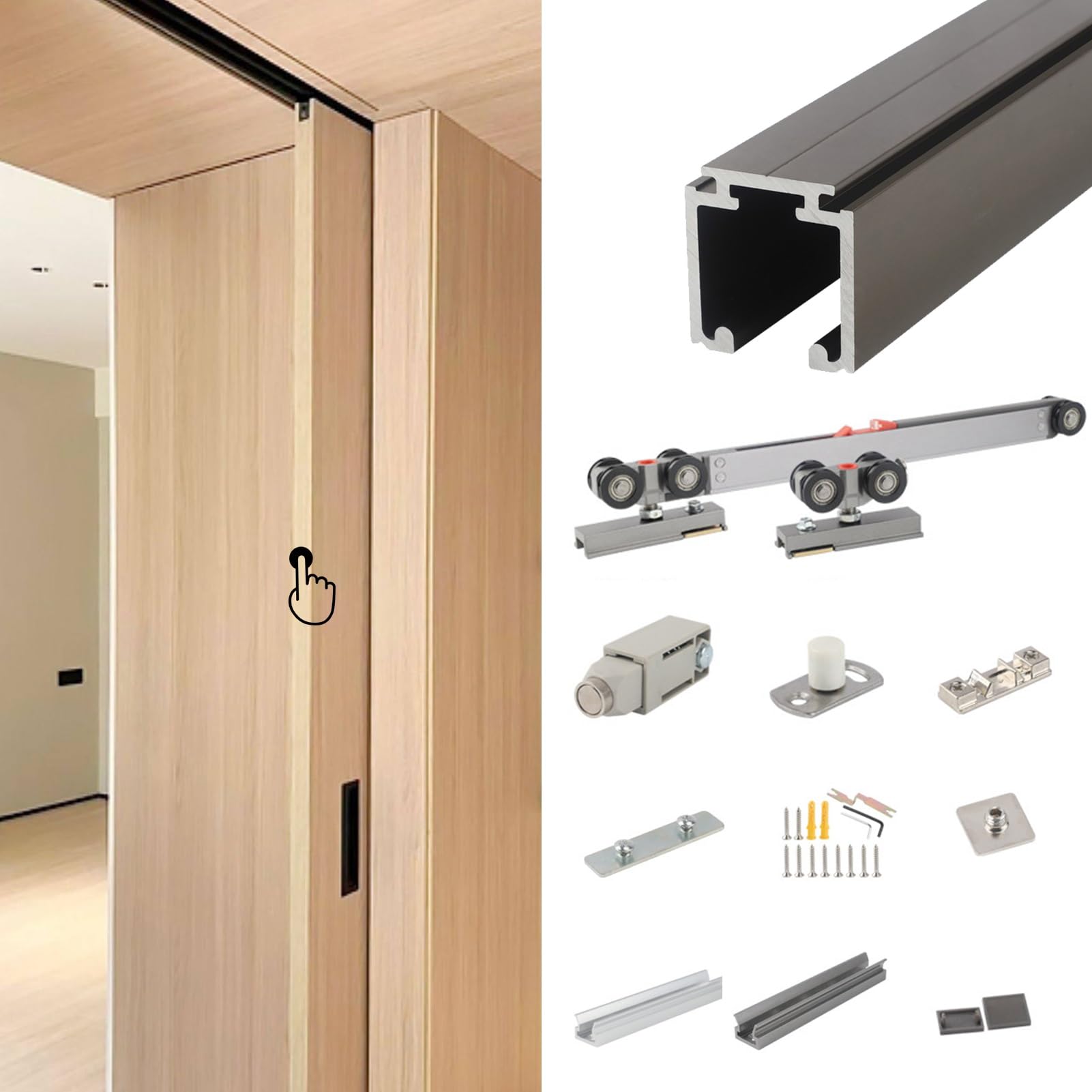 Push-to-Open Hidden Pocket Door, Quietly Smoothly Sliding Door Track with Soft Close, Aluminum Alloy Bypass Wooden Door Rail and Hardware(Bronze,240cm/94.5in)