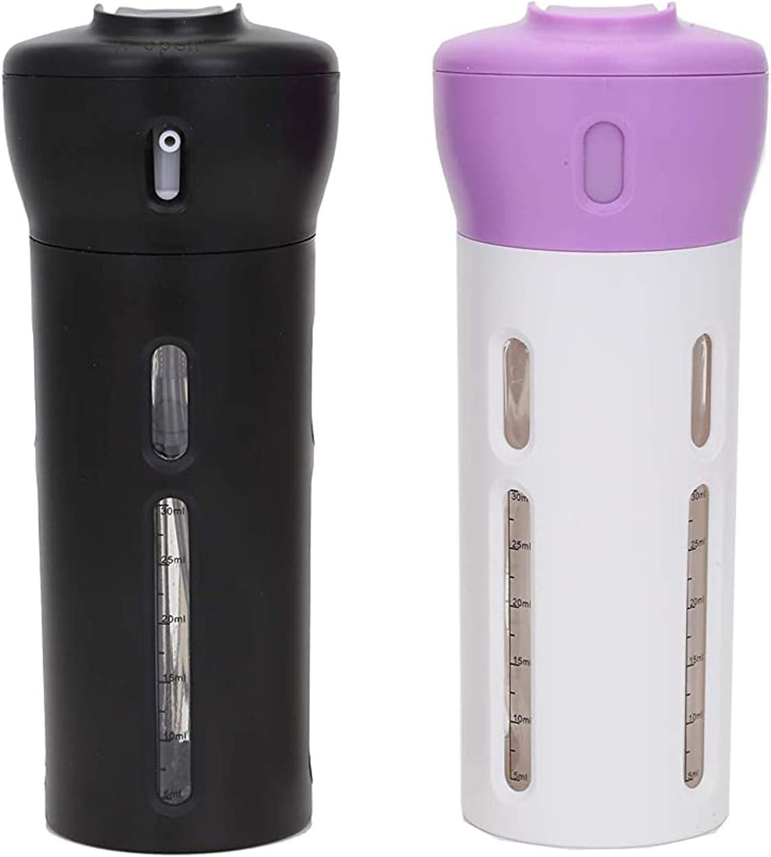 Travigo 4-in-1 Travel Bottle Dispenser, TSA Approved,Includes Four Empty Reusable 1.4 oz. (40 mL) Cosmetic Toiletry Containers for Sanitizer, Soap, Lotions, Skincare, Makeup Products (Black Purple)