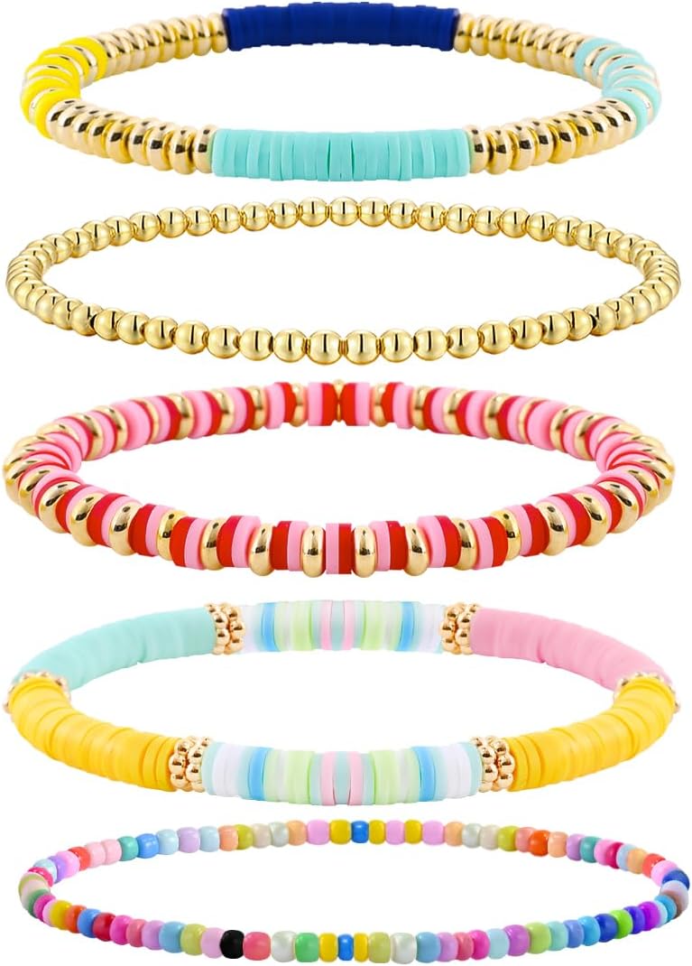 VIBILIA Gold Beaded Bracelets Set for Women 14K Gold Plated Dainty Pearl Cross Bracelet Stack Stretch Bracelet Set Fashion Accessories Gifts