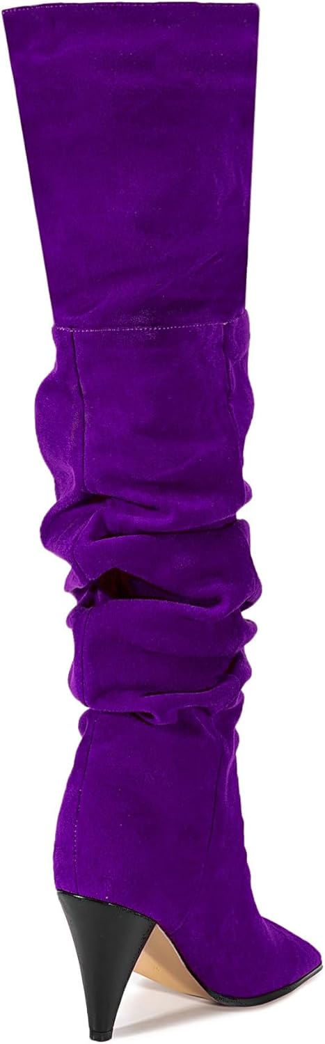 sexytag Slouchy Thigh High Boots Pointed Toe Chunky Heel Boots for Women Wide Calf Cone Heel Pull on Over The Knee Boots