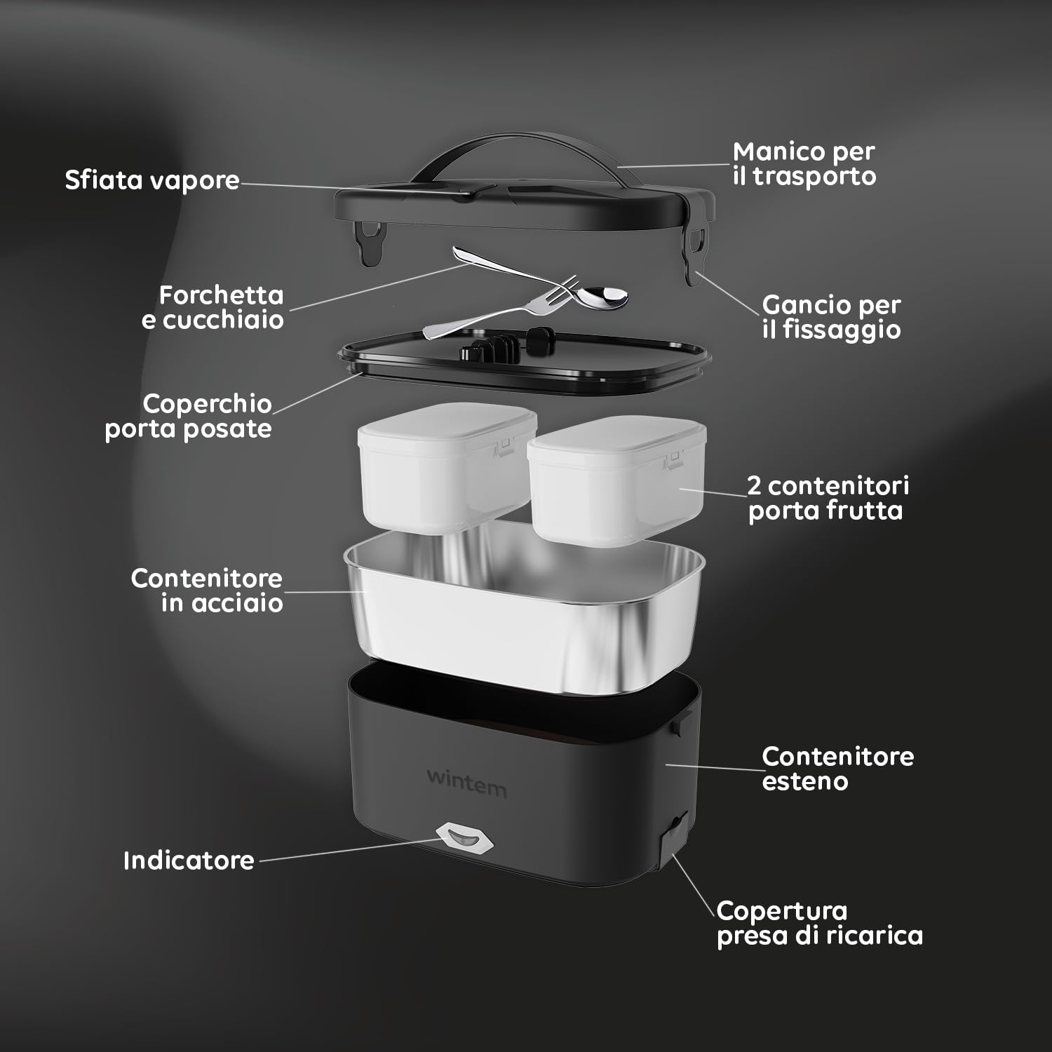 Wintem - Porta Pranzo Lunchy+ 3 in 1 Elettrico in Acciaio Inox con Posate, Scaldavivande da 80W Termico per Casa, Ufficio e Auto, Contenitori Ermetici e Doppia Presa 220V/12V
