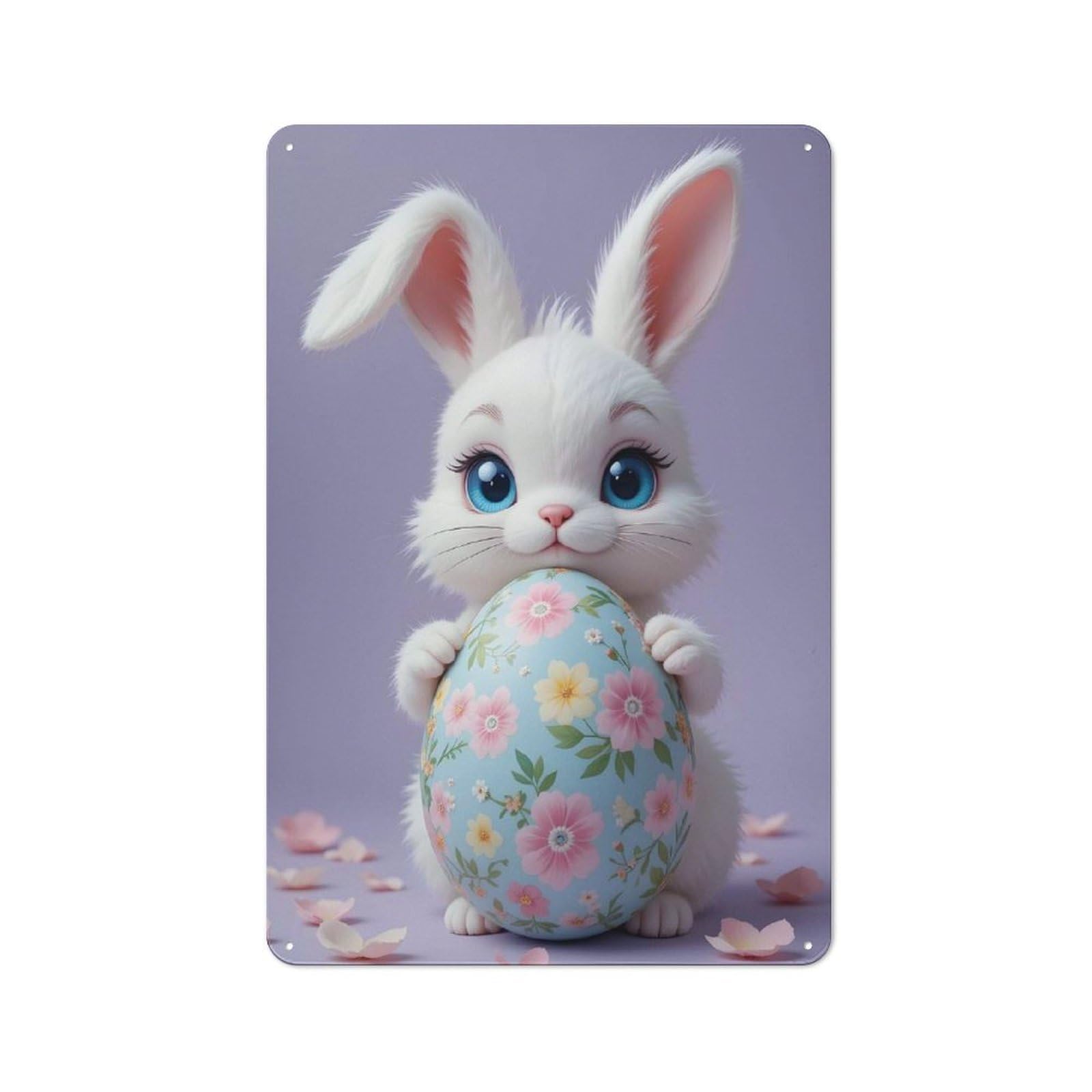 Junmoney Style-9 Cute Easter Bunny With Floral Egg Rustic Metal Sign 30X20cm For Pub Or Café, For Collectors Of Rustic Metal Wall Decor