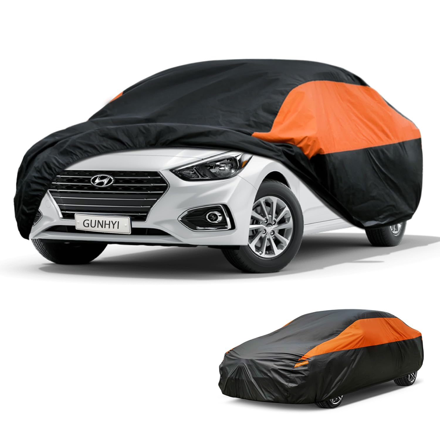 GUNHYI Waterproof Sedan Full Car Cover Custom Fit Hyundai Accent | All‑weather Outdoor sun/rain/dust/snow/wind/UV protection, breathable lightweight fabric, black‑orange design,storage bag