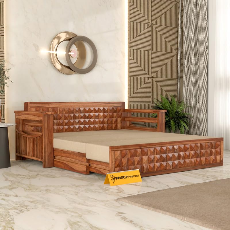 Solid Sheesham Wooden Sofa Cums Bed with Mattress for Living Room | Rosewood 3 Seater Sofa Cums Bed for Bedroom Without Pillow (Honey AD, 3 Seater)