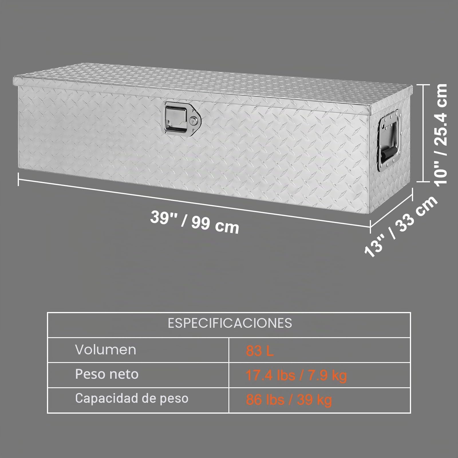 VEVOR Caja de herramientas de aluminio para camión, 99 x 33 x 25,4 cm, caja volcadora con cerradura con llaves y asas laterales para almacenamiento de contenedores de coche, autocaravana, remolque