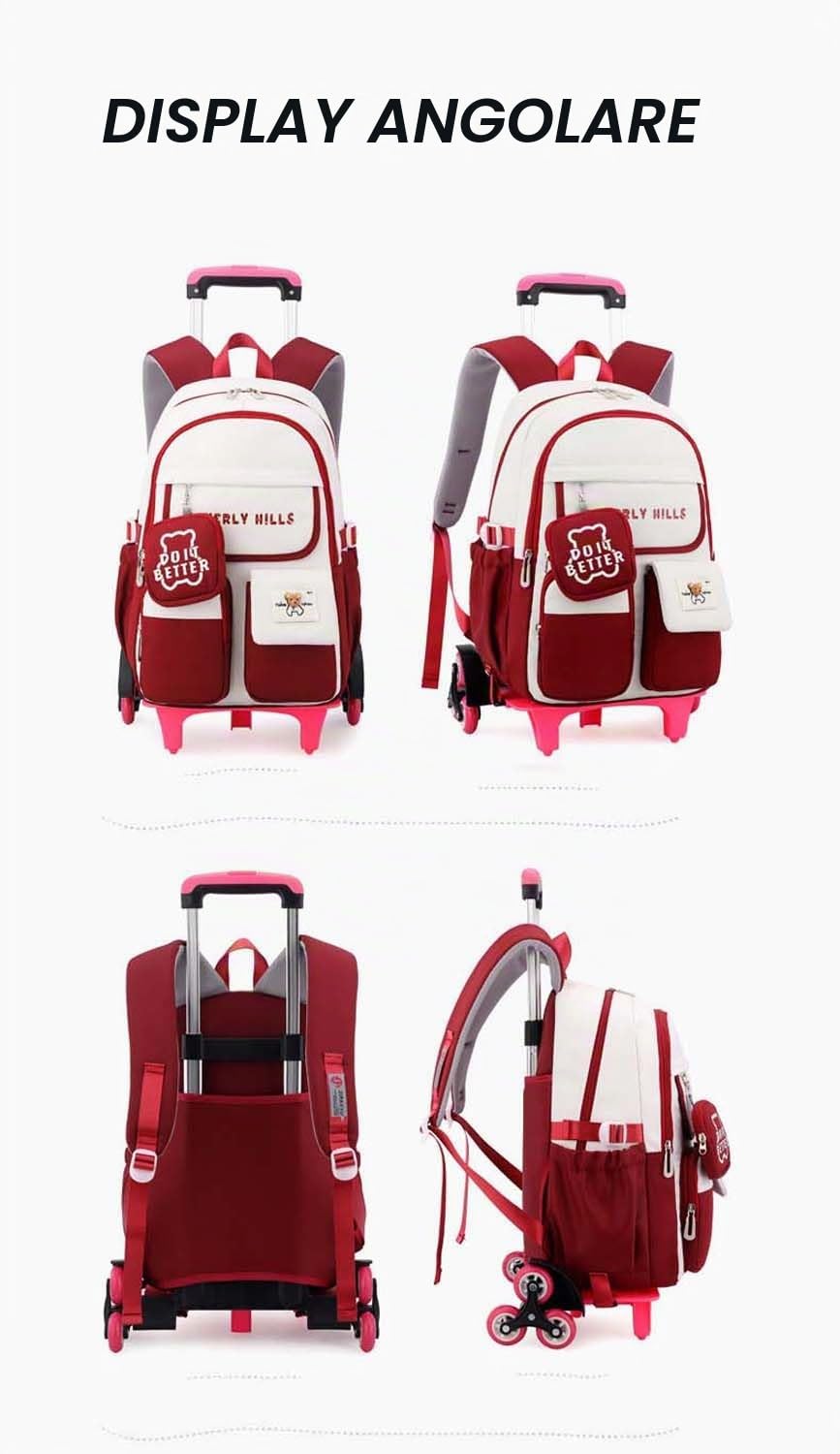 Zaino Trolley per Scuola Impermeabile Ruote Rotolamento Removibile Scuola Borsa per Bambini Zainetto con Rotelle per Viaggi, 6 Ruote, Adatto per Ragazza Adolescenti di 6-18 anni
