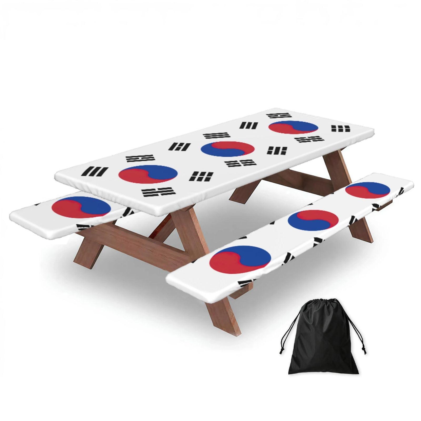 Yqxwjl Black Flag Of Republic Of Korea Print Camping Essentials Waterproof Camping Table And Bench Cover With Drawstring Bag 183 Cm
