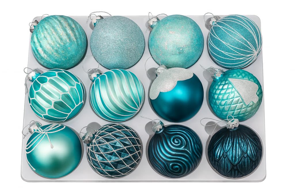 Weihnachtskugeln Glas 8 cm – 12er Set Türkis/Eisblau – Handgefertigte Premium Christbaumkugeln – Luxus Baumschmuck modern skandinavisch – Glitzer, Matt & Struktur – Weihnachtsdeko Glas Kugeln Set