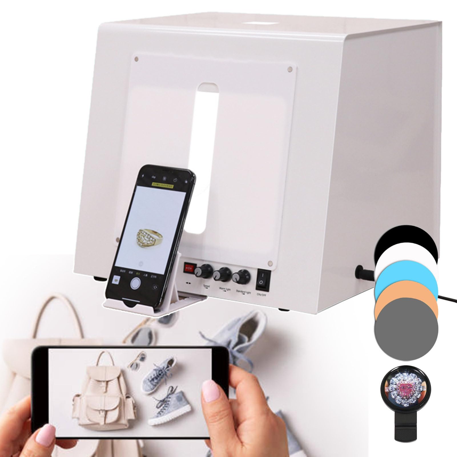 Fotozelt-Set – 360° elektrisch drehbar/3000–5500 K dimmbar, Fotostudio-Lichtbox, Schmuck-Fotobox-Set – unterstützt das Platzieren/Aufhängen von Schmuck, mit Farbplatte und Sternfiltern,TB20