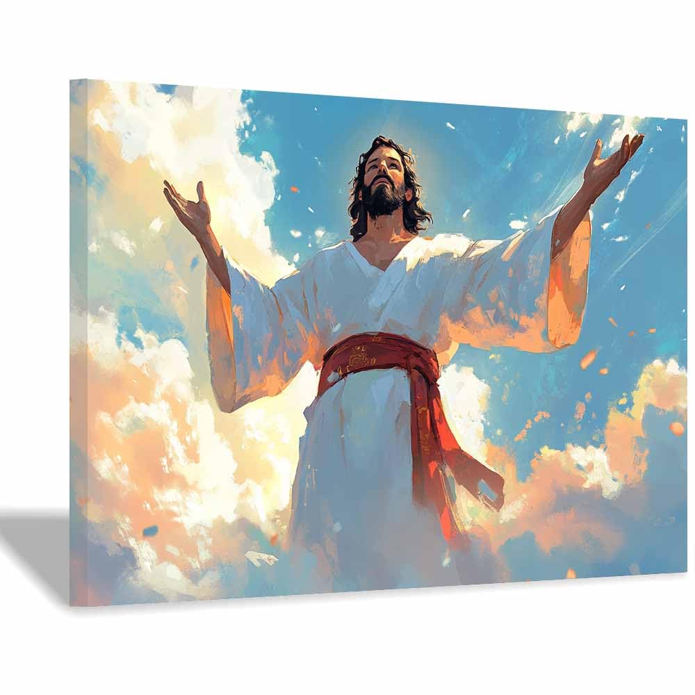 ZAMAEIU Jesus Canvas Wall Art Print Praying in thes Sky God Posters Catholic Artwork Trendy Living Room Home Bathroom Apartment Office Decor(white)-80x120cm Framed
