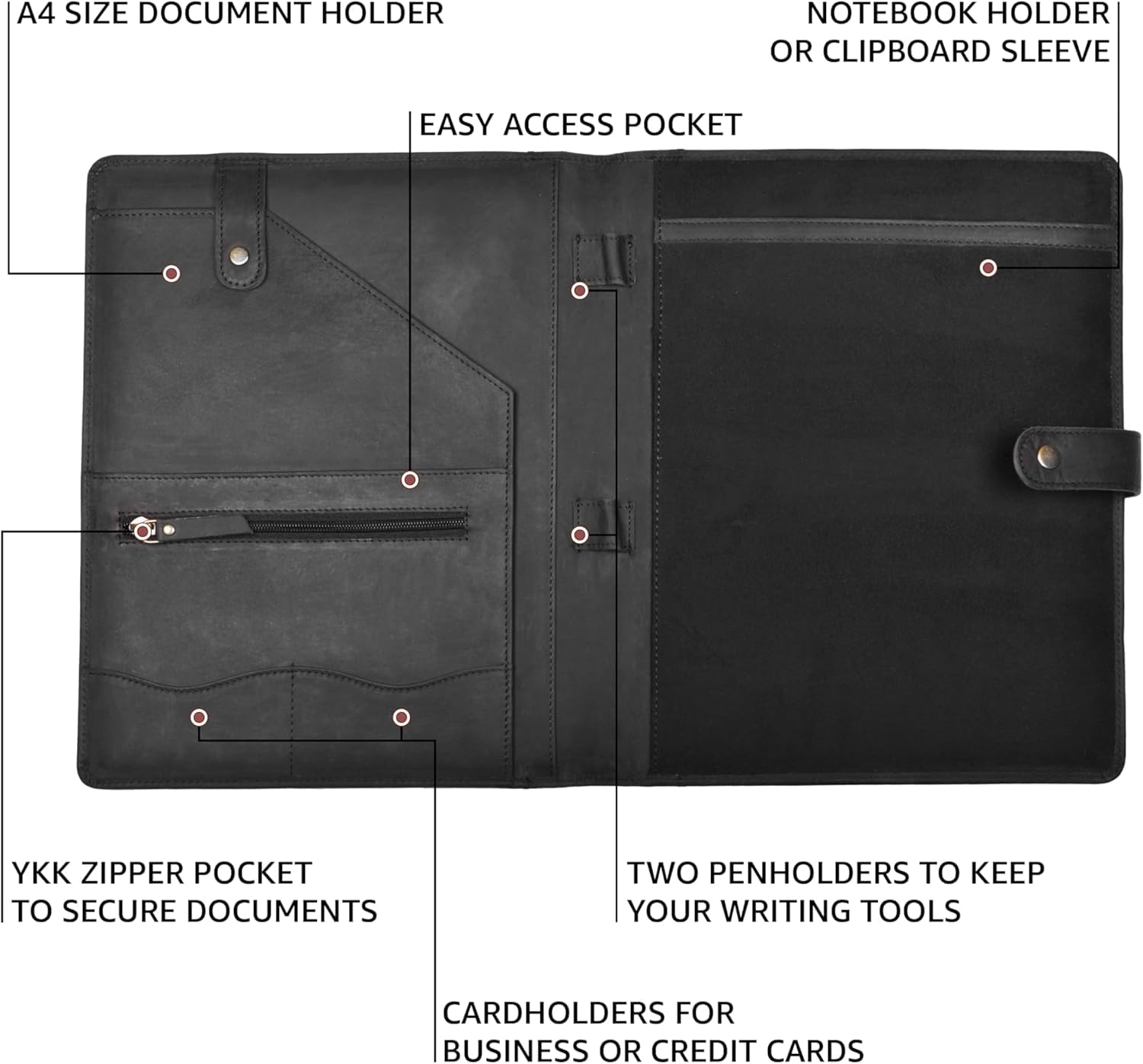 Portfolio organizer in pelle con cerniera, per uomini e donne, per curriculum legale, raccoglitore per quaderni, per formato A4/Pad, cartella a portafoglio in pelle, cartella portadocumenti (nero)