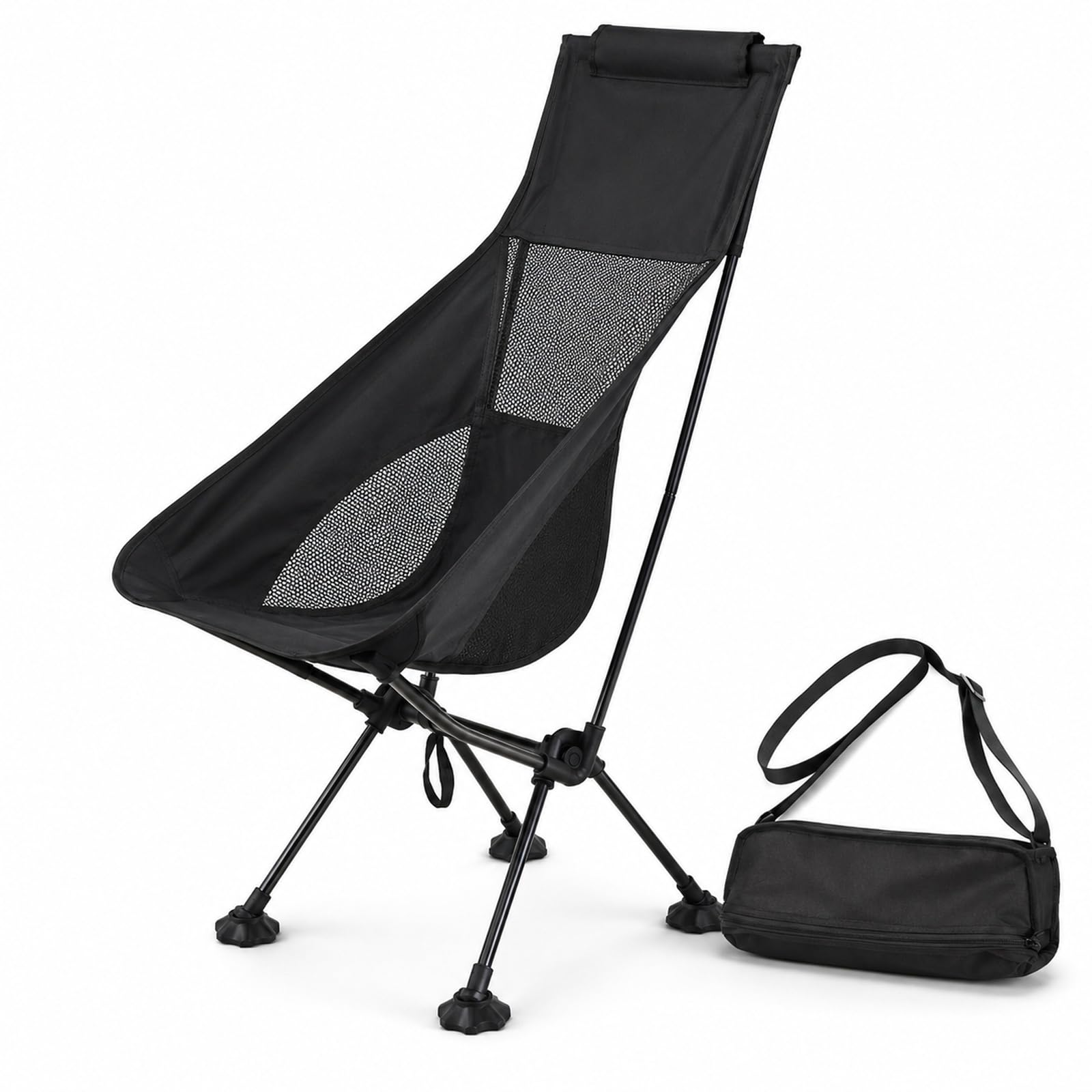 GOOGO High Back Camping Chair, Folding Camping Chair with Side Pocket, 80 x 41 x 87 cm, 150 kg Capacity, 600D Oxford Portable Outdoor Chair for Garden, Beach, Fishing and Picnic (Black)