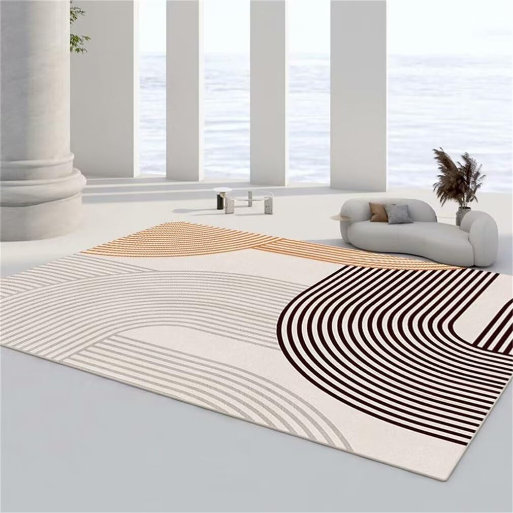 Tapis salon lavable beige et gris moderne à rayures 200x300