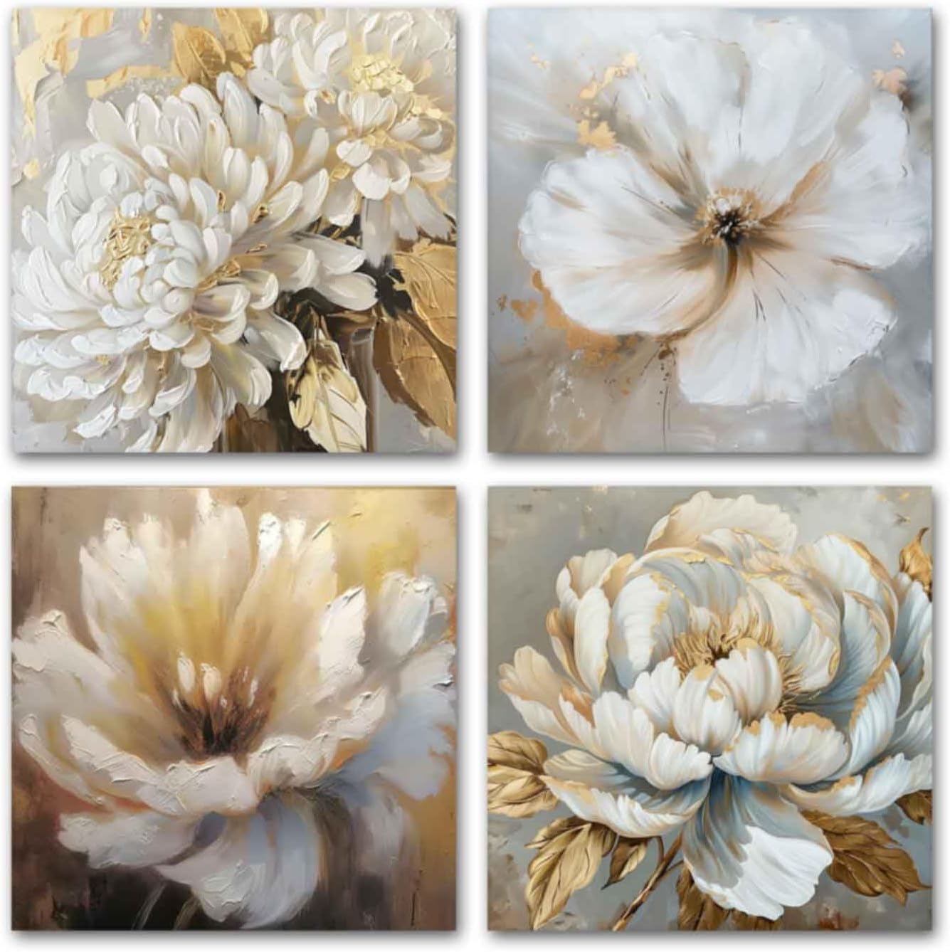 SWQYLB White Flower Wall Art Floral Decor 4 Panels Abstract White Floral Blooming Pictures Prints Peony Flower Canvas White and Gold Wall Decor Framed (12.00" x 12.00" x 4PCS)
