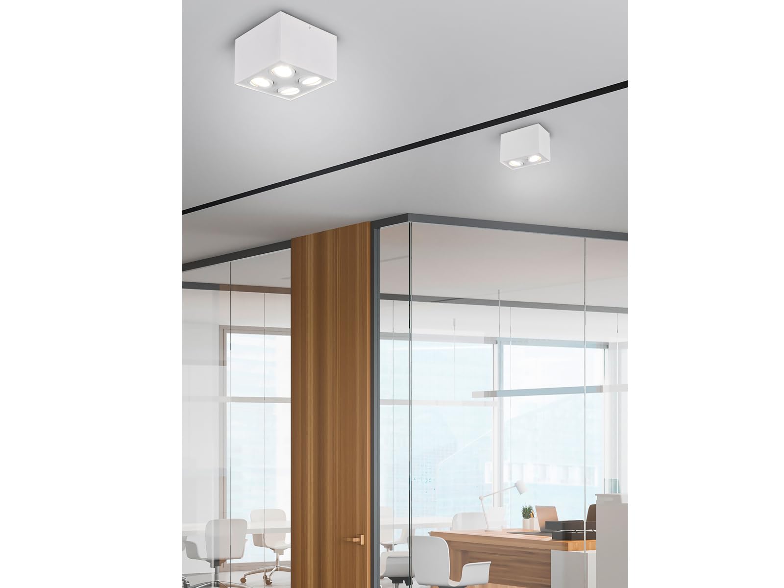 Trio, faretto da soffitto a forma di cubo con LED e due faretti orientabili, bianco opaco