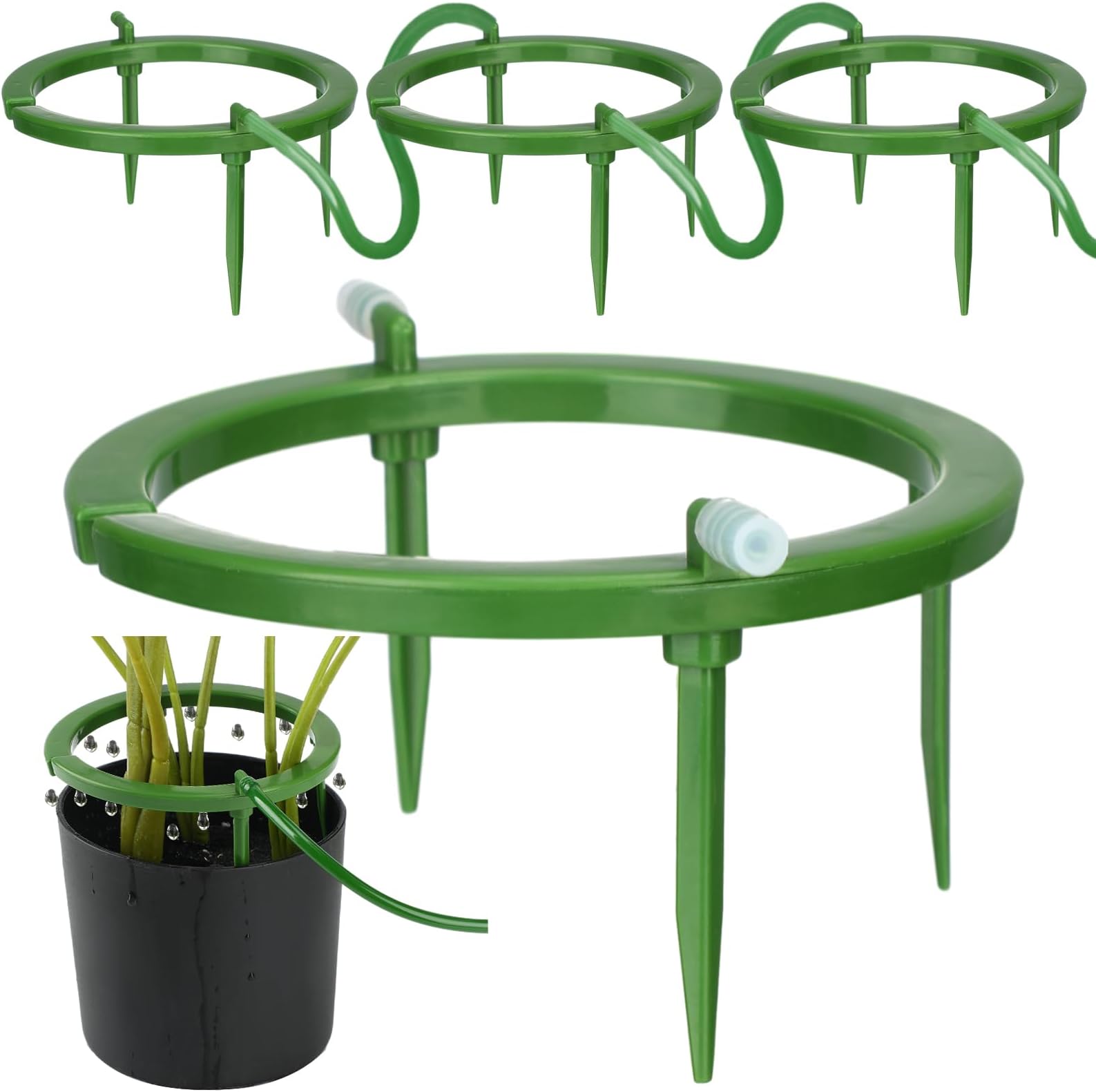 4 Set Water Ring 3 Leg Support Drip Emitter Drip Ring with 1/8 Inch Barbed Inlet Fitting Removable Stakes for Grow Media Irrigation System Rain Watering Tree Plants, Green (5 Inch)