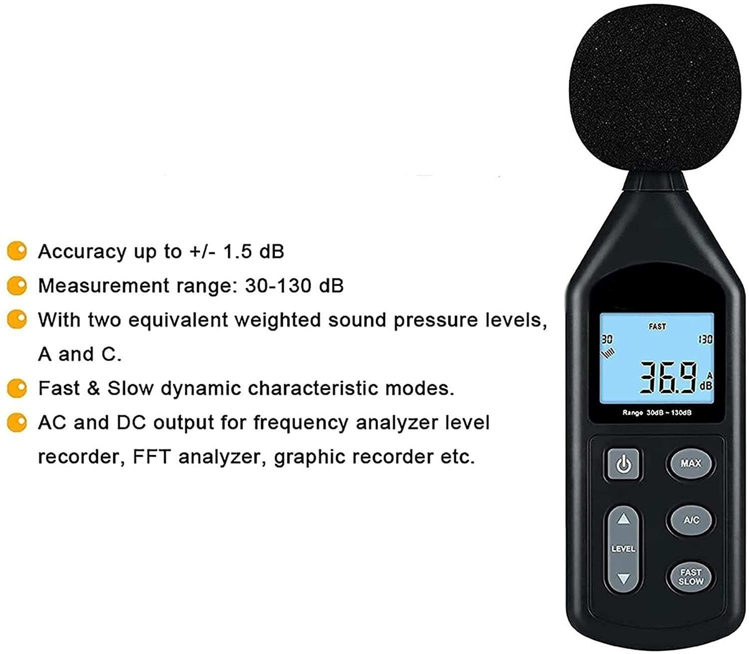 Medidor de decibelios, medidor nivel sonido digital 30 a 130 dB, dispositivo medición ruido audio con retroiluminación MÁX/MÍN y pantalla LCD