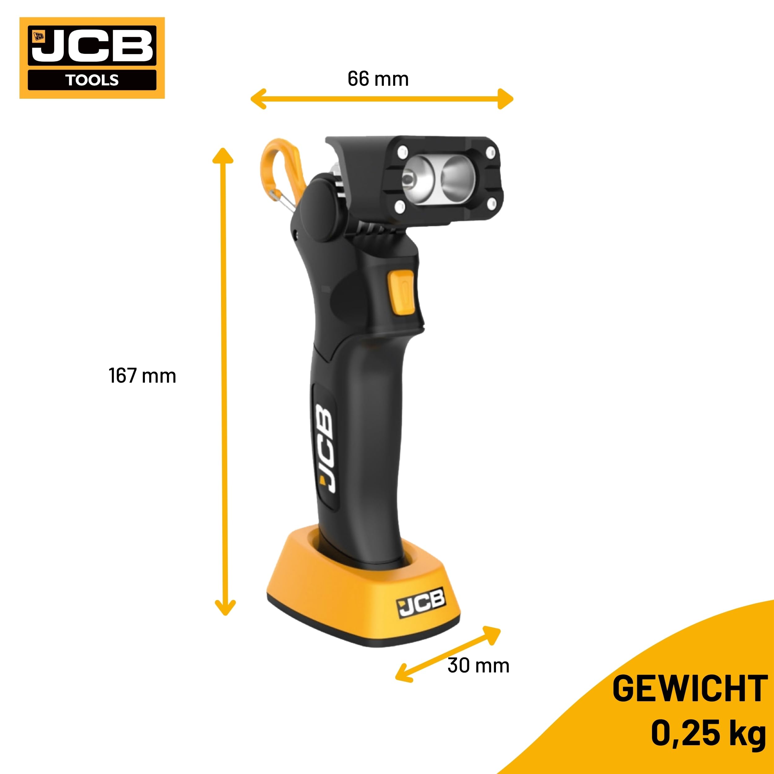 JCB Work Lights Akku-Inspektionslampe mit Magnetfuß & Karabiner, freihändiges Arbeiten, kompakt 208 mm, USB-C oder Wireless-Ladestation, bis 29 h Laufzeit, LED Spot/Flood