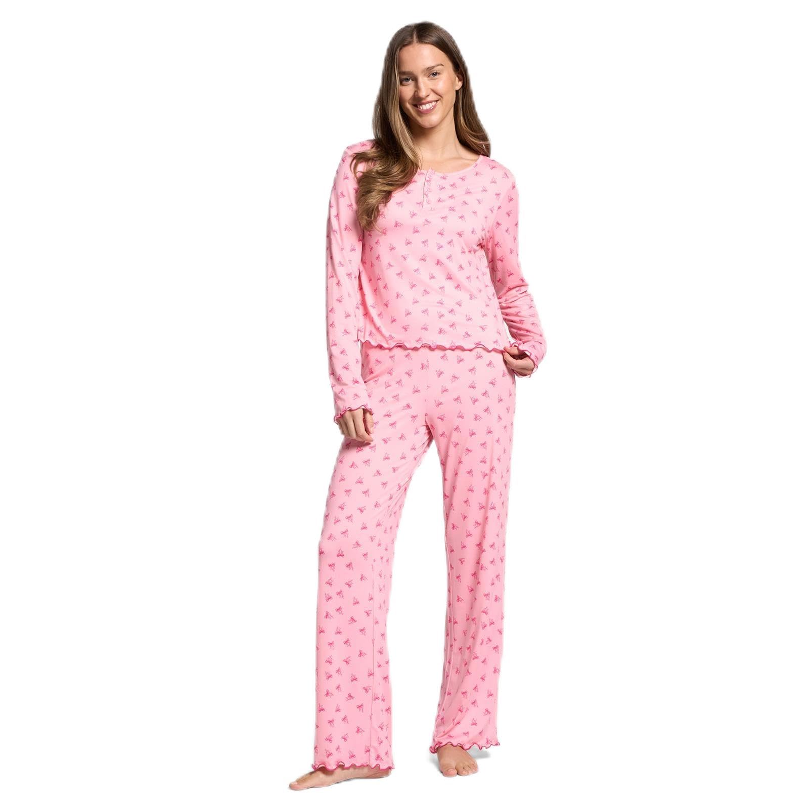 Ohs Women's Pink Bow Pyjamas For Lettuce Edge Long Sleeve Round Neck Full Length Bottom Bow Pjs Pyjamas Bride Pjs Set Two Piece Button Up Nightwear Sleepwear For - S/M