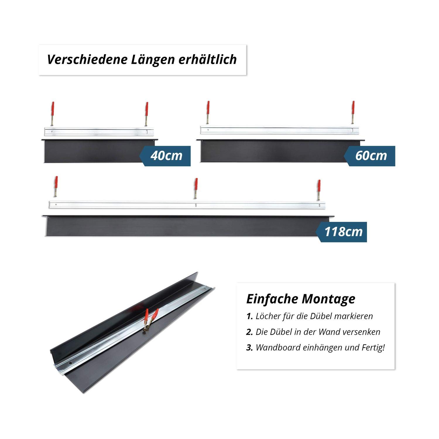HN Wandboard, Bilderleiste, Bücherleiste, Wandregal aus Metall, Länge Wandboard:118 cm, Farbe Wandboard:Weiß Seidenmatt