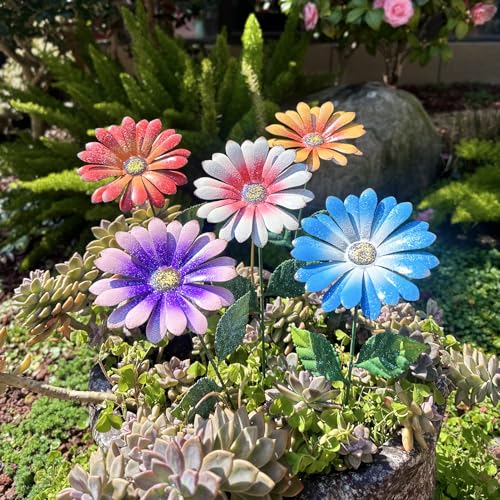 Image of 5Pack Metal Flowers for Outside，16.5 Inch Metal Flowers Decorative Garden Stakes for Spring Decor, Shaking Head Yard Art Garden Decorations for Outdoor Lawn Porch Pathway