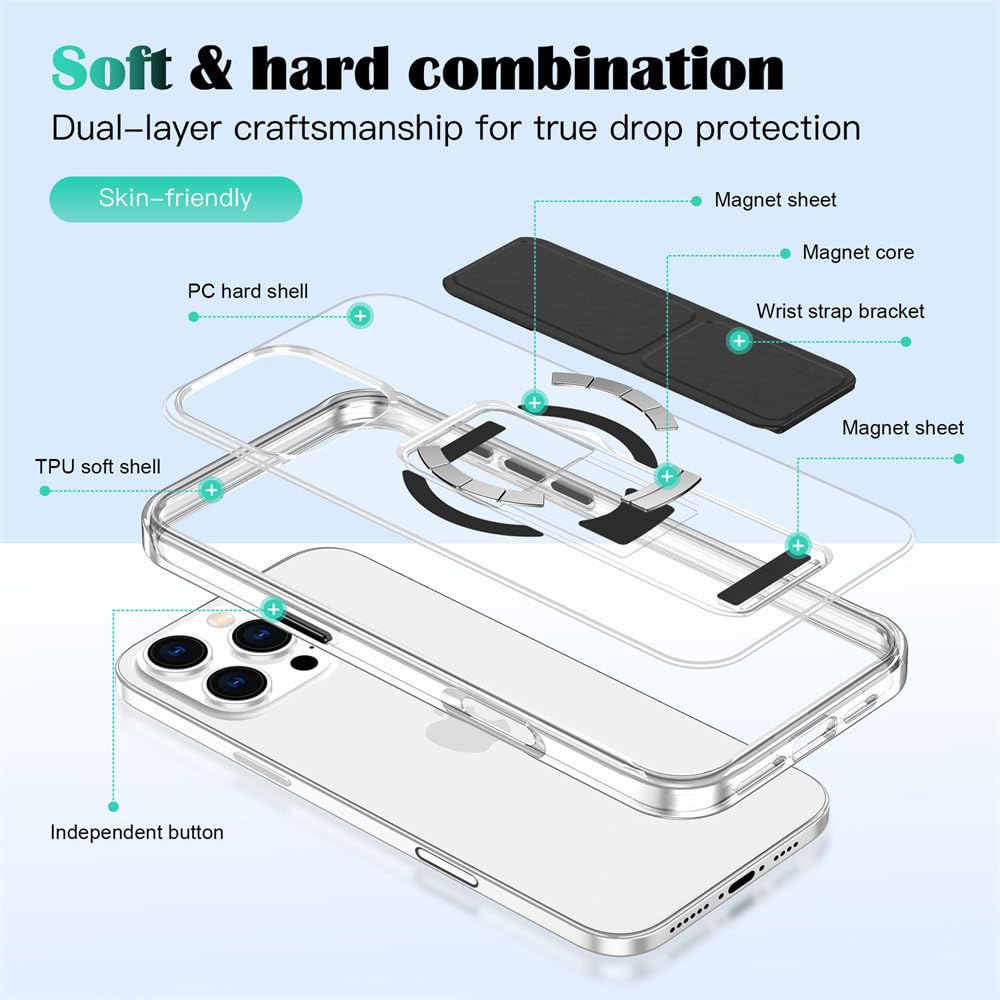 Custodia protettiva anticaduta con supporto magnetico per cinturino da polso trasparente per iPhone 13, 14, 15, 16 Pro Max, 14, 15, 16 Plus, colore grigio blu, per iPhone 13