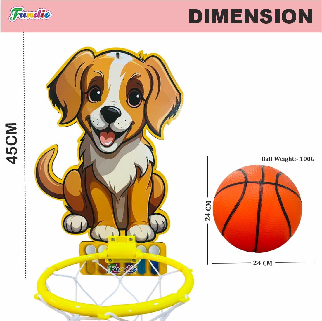 Fundio Kids Mini Basketball Hoop Set with Puppy Design, Yellow and White Net, Wall-Mountable, Dog Face Basket Ball for Kids for Boys and Girls | Toy Basketball 1