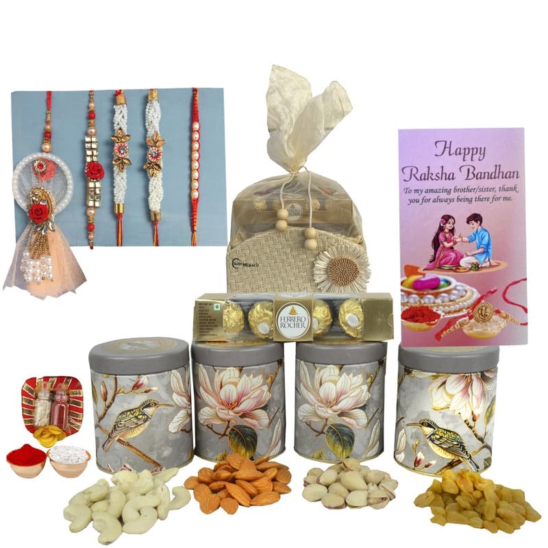 Image of NUTRI MIRACLE Rakhi Gift Set Loaded with Raisins, Cashews, Almonds and Chocolates | Guest Gifting Combo for Engagement or Wedding