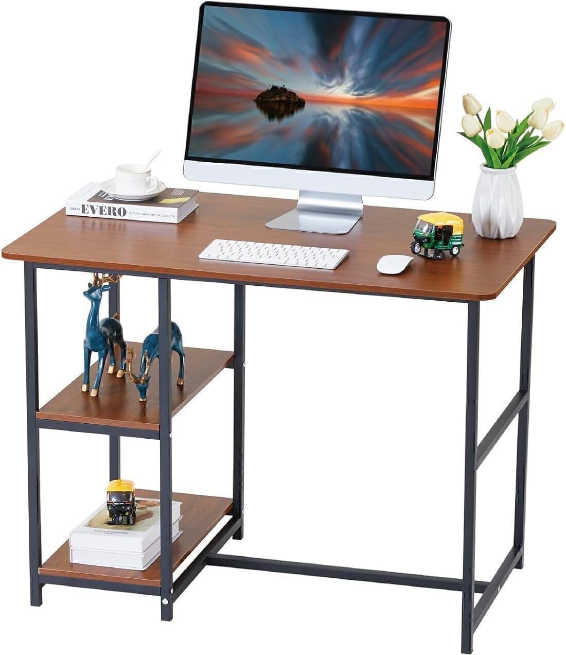 Study Table with 2 Storage Racks,Studying & Work,Home Office Computer Desk for Writing, – Space-Saving Design for Small Rooms (Brown Board with Black Metal)- (L*100,B*60,H*75) cm