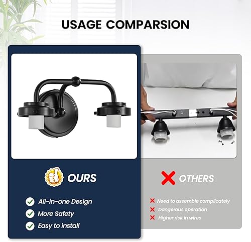 Miniatura 3 de Accesorios de iluminación de tocador de baño 2 lámparas de baño negras de luz sobre espejo con pantalla de vidrio esmerilado blanco lechoso, lámpara