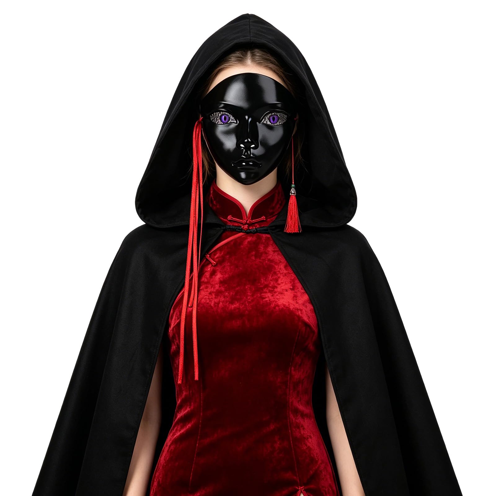 TINAYAUE Japanese Kabuki Full Face Masquerade Mask for Women, Handmade Breathable Halloween COS Game Theme Party Carnival Costume Prop with Red Ribbon and Tassels (Black)