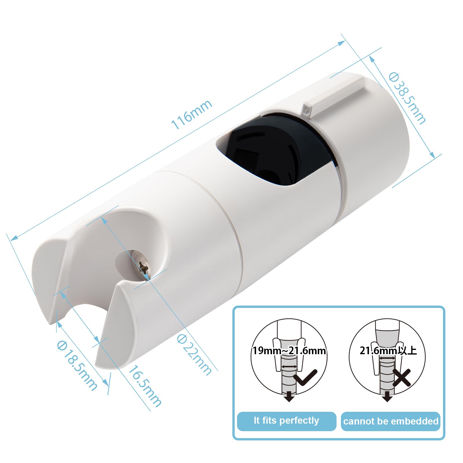 OFFO Shower Head Holder, Slide Bar Adjustable 19-25mm, 45°Rotation Sprayer Holder, White, 19-25mm Rail + 19-22mm Hose - Image 4