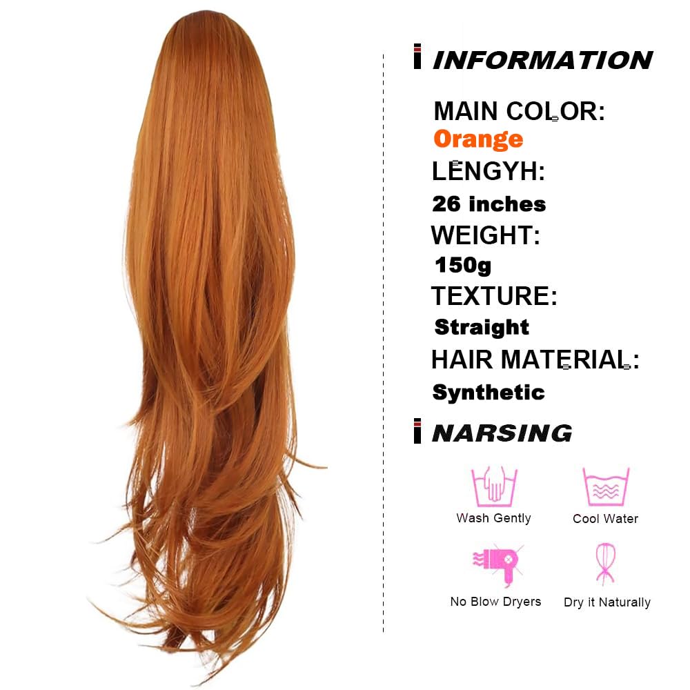 PORSMEER Ponytail Extension,Drawstring Ponytail Hair Extensions 26 Inch Long Natural Straight Wavy End Synthetic Hairpiece for Women Daily Use (Orange) - Image 3